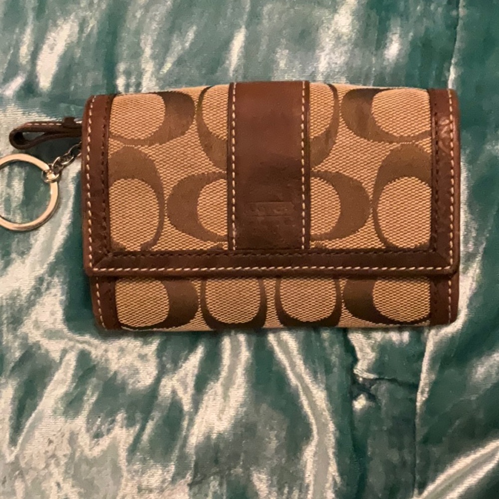 Coach Signature Brown and Tan Leather and Jacquard Keyring Wallet